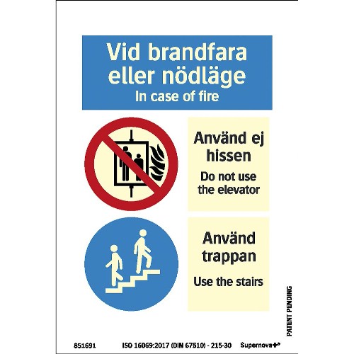 Skylt vid brandfara eller nödlägen Supernova+ färgefterlysande